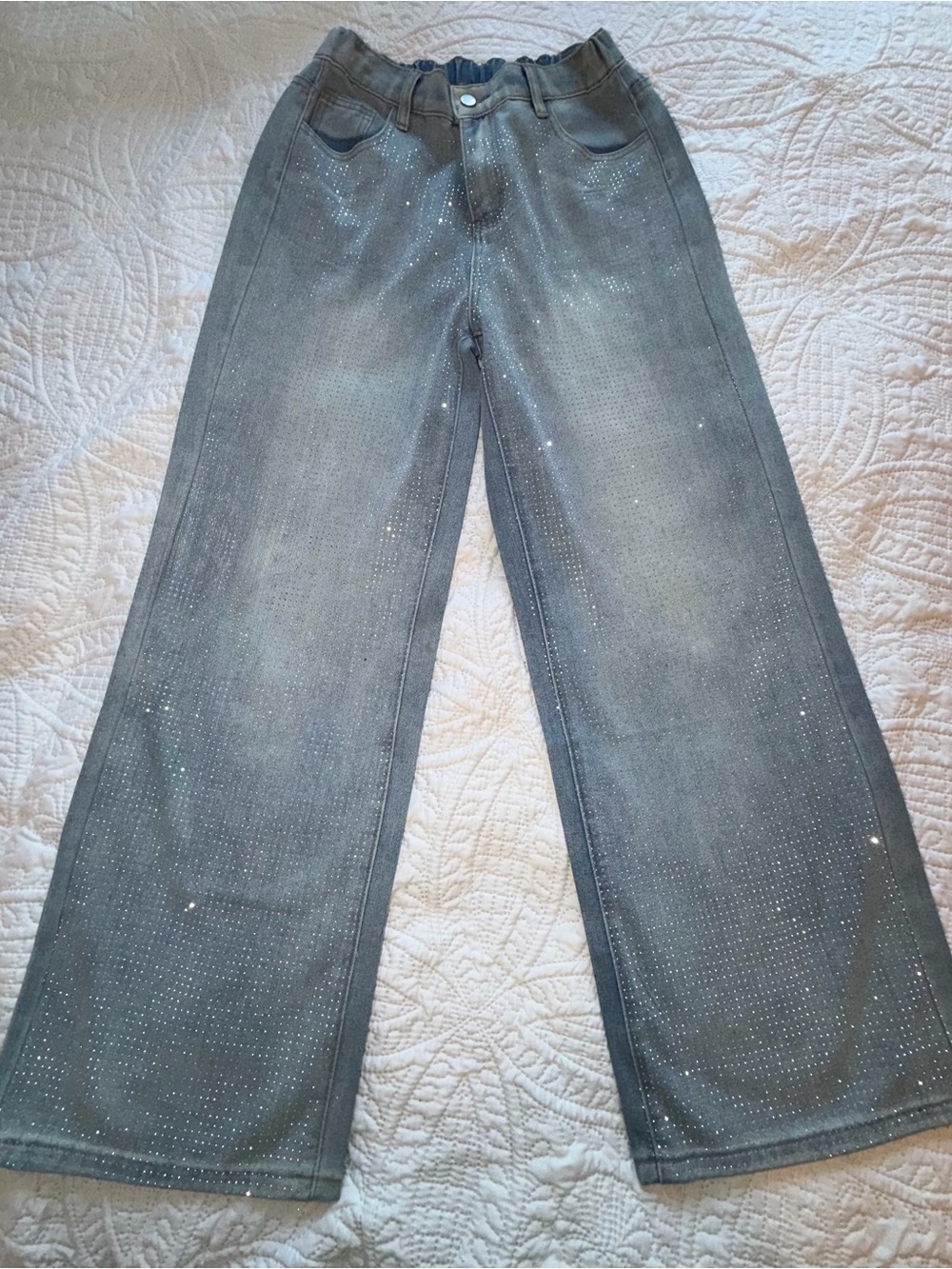 Rhinestone Wide Leg Jeans Light Wash Sparkly Denim | Size M